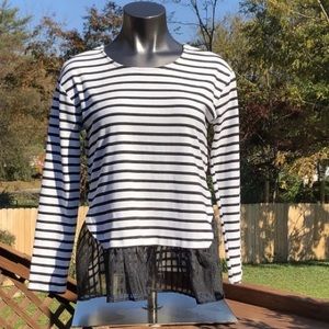 PLEIONE Womens L Top Blouse Pleated Bottom Shirt Black and White Striped